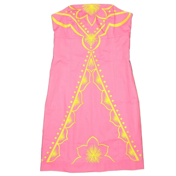 Lilly Pulitzer Bowen Hotty Pink Yellow Embroidered Strapless Dress Bee Size 00 - Picture 8 of 10